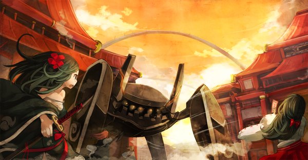 Anime picture 1680x875 with original nekotewi wide image green eyes sky japanese clothes green hair miko bow sword kimono katana house mecha