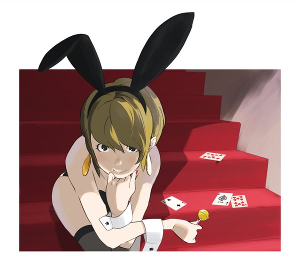 Anime picture 1366x1217 with original popman3580 single looking at viewer blush fringe short hair brown hair sitting bare shoulders holding brown eyes animal ears nail polish light smile arm support shadow bunny ears border bunny girl