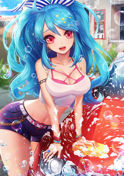 Anime picture 1000x1414 with sword girls linus falco ango single long hair tall image looking at viewer fringe breasts open mouth smile hair between eyes red eyes large breasts bare shoulders blue hair sky cloud (clouds) ahoge outdoors