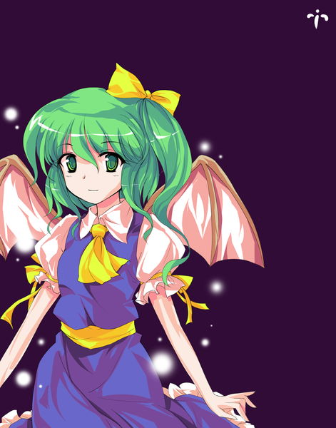 Anime picture 1544x1968 with touhou daiyousei ideolo tall image short hair simple background green eyes tail green hair light smile one side up purple background girl bow hair bow wings
