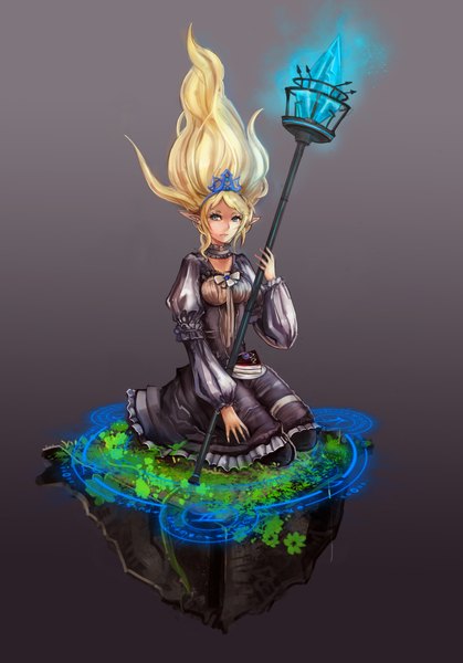 Anime picture 1648x2362 with league of legends janna windforce single long hair tall image looking at viewer blue eyes simple background blonde hair sitting pointy ears floating island girl dress bow staff tiara crystal island