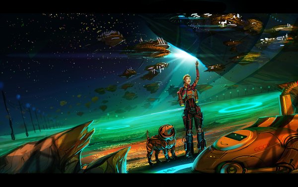 Anime picture 1280x805 with original anndr (artist) short hair blonde hair standing sky night sky light looking up space girl star (stars) lantern dog robot aircraft airship spacesuit vacuum cleaner