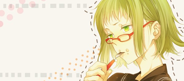 Anime picture 1024x453 with vocaloid yowamushi mont-blanc (vocaloid) gumi tayuya1130 single short hair wide image green eyes green hair portrait food on face dotted line girl glasses serafuku food fork
