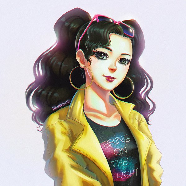 Anime picture 900x900 with x-men marvel comics jubilee (x-men) david pan single long hair looking at viewer black hair simple background white background twintails signed inscription open jacket grey eyes lipstick text portrait wavy hair english