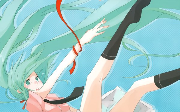 Anime picture 1920x1200 with vocaloid hatsune miku highres wide image twintails very long hair aqua eyes aqua hair legs tears blue background girl ribbon (ribbons) socks necktie black socks