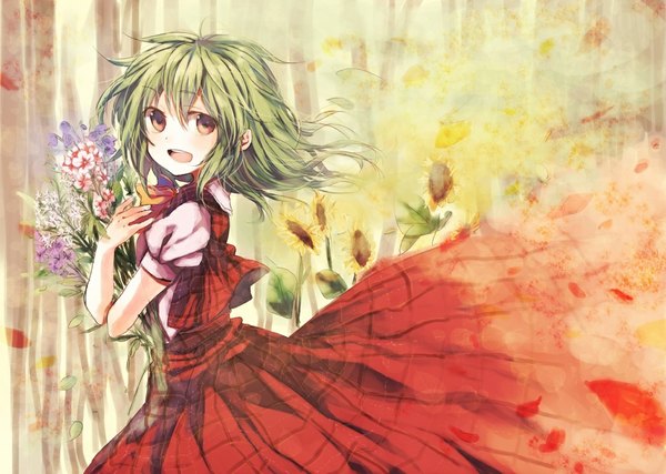 Anime picture 1024x729 with touhou kazami yuuka miya (tsumazukanai) single blush short hair open mouth brown eyes looking away green hair wind girl skirt flower (flowers) petals vest skirt set bouquet sunflower