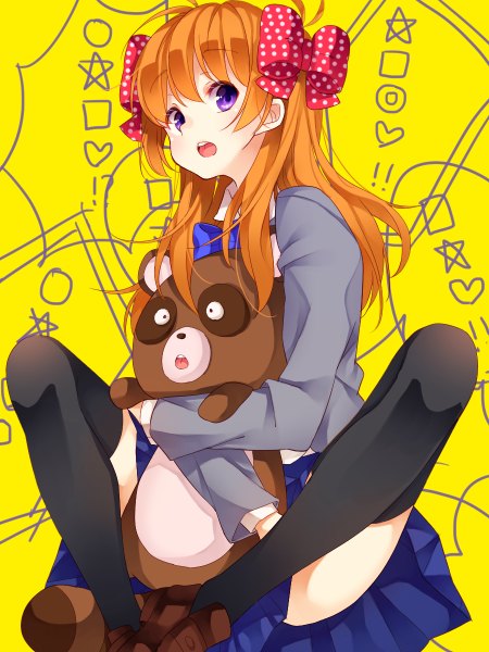 Anime picture 900x1200 with gekkan shoujo nozaki-kun doga kobo sakura chiyo nuira single long hair tall image open mouth sitting purple eyes orange hair polka dot yellow background girl thighhighs uniform bow black thighhighs hair bow school uniform