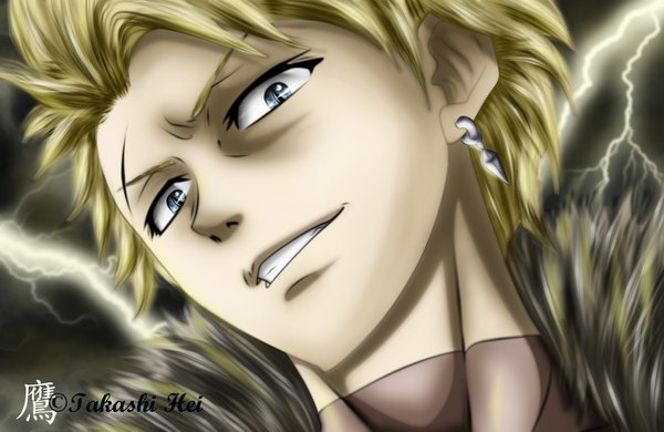 Anime picture 2000x1300 with fairy tail sting eucliffe takashihei single highres short hair blue eyes blonde hair smile coloring portrait close-up face lightning boy earrings fur