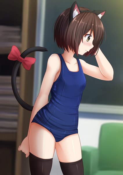 Anime picture 945x1337 with kono bijutsubu niwa mondai ga aru feel (studio) usami mizuki kazenokaze tall image blush short hair light erotic black hair brown eyes animal ears looking away tail animal tail cat ears cat girl cat tail girl thighhighs black thighhighs