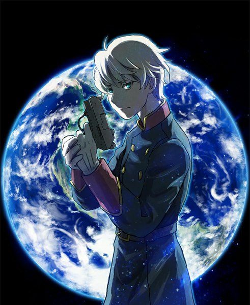 Anime-Bild 800x977 mit aldnoah.zero a-1 pictures slaine troyard nami hey single tall image looking at viewer fringe short hair blue eyes standing holding ahoge white hair head tilt serious space boy gloves uniform