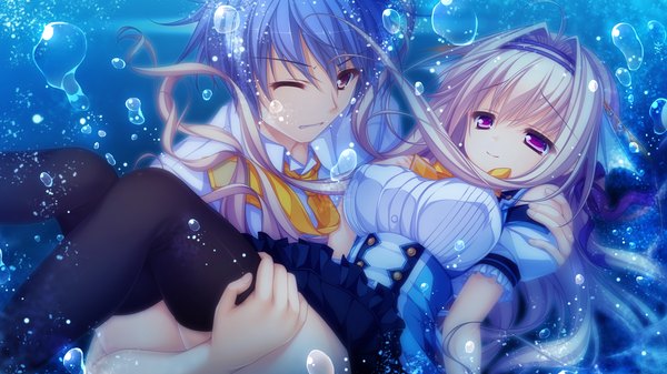 Anime picture 1920x1080 with kujiragami no tearstilla tenkawa mitsuki mikagami mamizu long hair highres short hair wide image purple eyes blue hair game cg white hair one eye closed light smile wink couple underwater carrying princess carry girl thighhighs