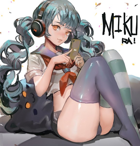 Anime picture 1000x1038 with vocaloid hatsune miku canking single long hair tall image looking at viewer fringe light erotic bent knee (knees) aqua hair orange eyes character names eyebrows different thighhighs girl thighhighs shorts headphones short shorts