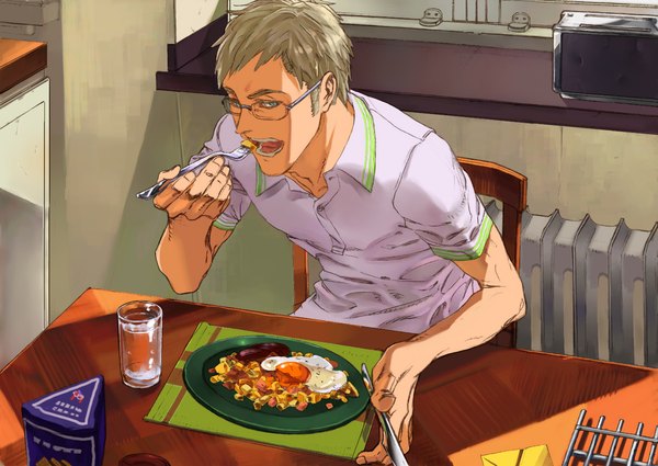 Anime picture 1379x977 with axis powers hetalia studio deen sweden (hetalia) short hair open mouth blue eyes blonde hair sitting eating boy shirt glasses food table knife glass plate room fork kitchen