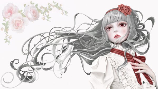 Anime picture 1366x768 with idolmaster shijou takane okigasa single long hair blush fringe open mouth wide image white background pink eyes hair flower wind grey hair teeth hand on chest wavy hair eyeshadow girl hair ornament