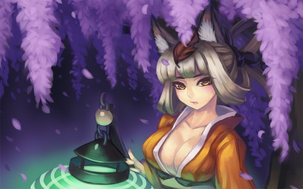 Anime picture 1680x1050 with oboro muramasa (game) vanillaware kongiku single long hair breasts open mouth light erotic blonde hair wide image animal ears yellow eyes cleavage traditional clothes japanese clothes night girl plant (plants) petals tree (trees)