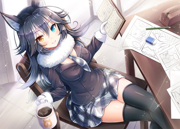 Anime picture 1200x858 with kemono friends grey wolf (kemono friends) akashio (loli ace) single long hair looking at viewer blush fringe breasts black hair smile hair between eyes large breasts sitting holding animal ears yellow eyes cleavage ahoge bent knee (knees)