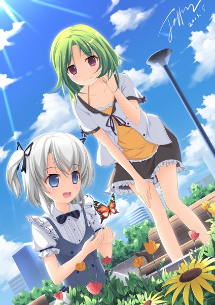 Anime picture 1000x1414 with original jeffery (backam) tall image blush short hair open mouth blue eyes smile red eyes multiple girls signed sky cloud (clouds) white hair green hair two side up girl dress flower (flowers) ribbon (ribbons)