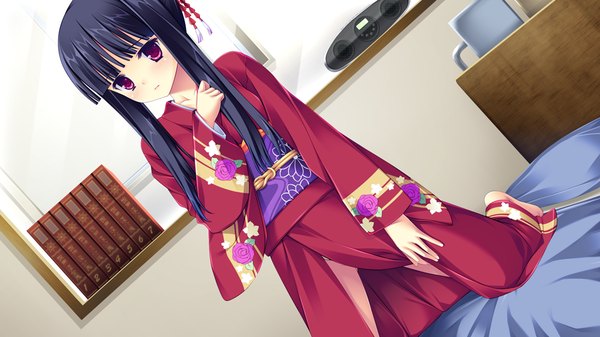 Anime picture 1024x576 with lovely quest long hair black hair red eyes wide image game cg japanese clothes girl hair ornament kimono obi