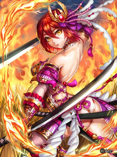 Anime picture 1440x1920 with bbbox (hotpppink) single tall image looking at viewer fringe short hair light erotic yellow eyes ass red hair looking back lips lipstick bare back fighting stance pink lipstick girl hair ornament weapon sword