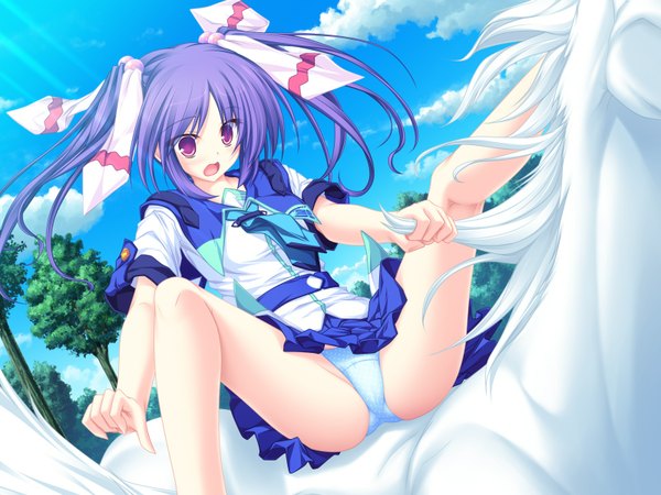 Anime picture 1600x1200 with 77 narukami aoi tenmaso long hair blush open mouth light erotic purple eyes twintails game cg purple hair outdoors girl skirt uniform underwear panties school uniform horse pegasus