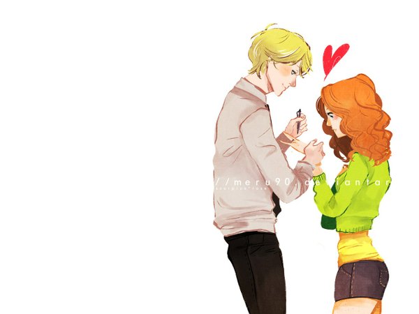 Anime picture 1280x960 with harry potter scorpius malfoy rose weasley meru90 long hair blush short hair simple background smile standing white background profile orange hair couple holding hands wavy hair face to face freckles girl boy