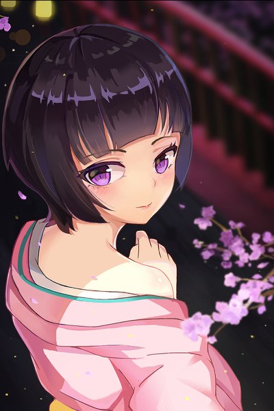 Anime picture 800x1200 with eromanga sensei a-1 pictures senju muramasa l.bou single tall image blush fringe short hair black hair purple eyes upper body blunt bangs traditional clothes japanese clothes looking back from above girl flower (flowers) petals