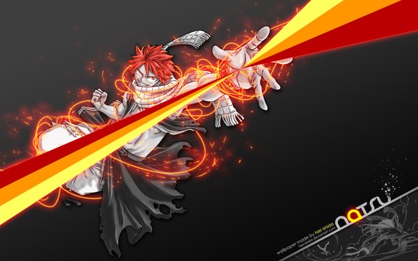 Anime picture 1920x1200 with fairy tail natsu dragneel hiei-ishida single looking at viewer fringe highres short hair simple background smile red eyes wide image full body red hair wallpaper character names grin outstretched arm clenched teeth boy