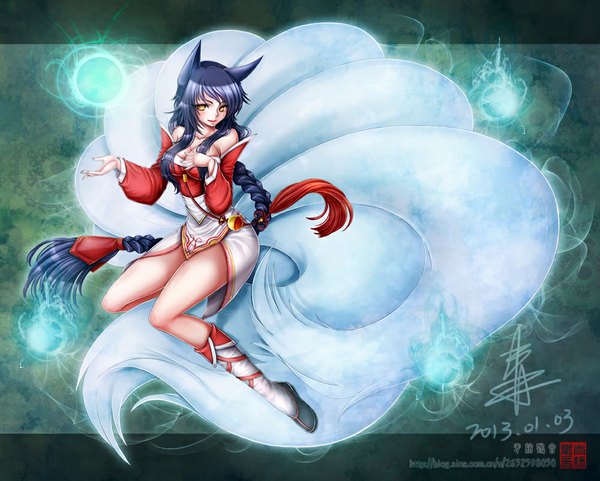 Anime picture 1000x803 with league of legends ahri (league of legends) single looking at viewer blush animal ears yellow eyes blue hair very long hair magic multiple tails girl