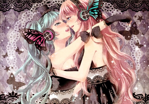 Anime picture 1263x888 with vocaloid magnet (vocaloid) hatsune miku megurine luka tottsuan long hair open mouth twintails bare shoulders multiple girls aqua eyes aqua hair shoujo ai insect wings butterfly wings girl dress gloves 2 girls hat