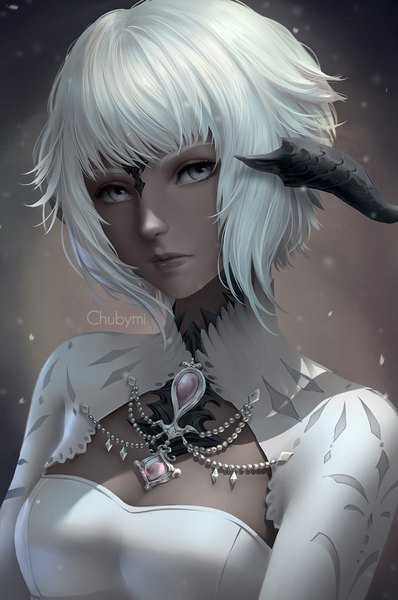 Anime picture 1000x1506 with final fantasy final fantasy xiv square enix au ra chubymi single tall image looking at viewer fringe short hair breasts signed cleavage upper body white hair blunt bangs horn (horns) lips realistic dark skin