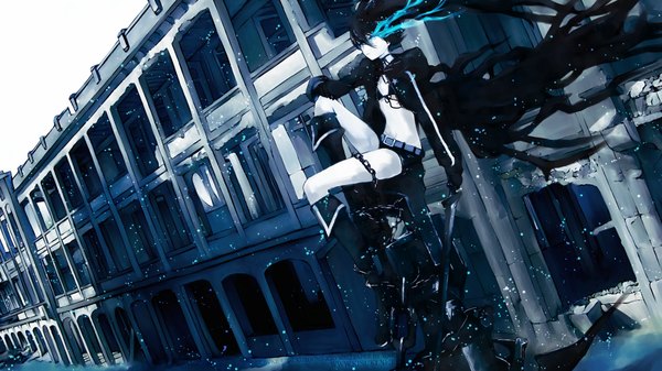 Anime picture 1920x1080 with black rock shooter black rock shooter (character) single long hair highres blue eyes black hair wide image sitting twintails glowing glowing eye (eyes) girl gloves weapon sword shorts thigh boots chain bikini top