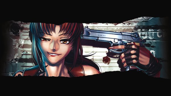 Anime picture 1920x1080 with black lagoon madhouse revy (black lagoon) highres wide image red hair girl gloves fingerless gloves gun