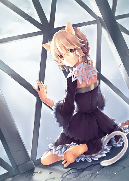 Anime picture 600x839 with original kaji (artist) single tall image looking at viewer fringe short hair brown hair sitting brown eyes animal ears bent knee (knees) tail animal tail looking back barefoot from behind cat ears bare legs cat girl