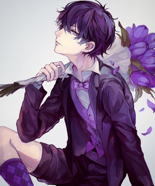 Anime picture 1066x1280 with osomatsu-san matsuno ichimatsu aokamei single tall image looking at viewer fringe short hair simple background hair between eyes sitting purple eyes purple hair grey background rhombus formal boy flower (flowers) petals socks