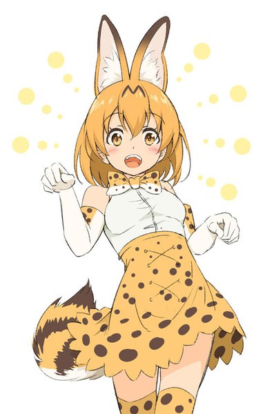 Anime picture 662x1000 with kemono friends serval (kemono friends) pinakes single tall image looking at viewer blush fringe short hair open mouth simple background blonde hair hair between eyes white background animal ears yellow eyes tail animal tail zettai ryouiki paw pose