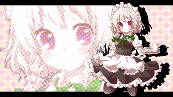 Anime picture 1920x1080 with touhou izayoi sakuya kuromame (8gou) blush highres red eyes wide image white hair braid (braids) maid twin braids letterboxed zoom layer girl headdress maid headdress apron cup knife tray