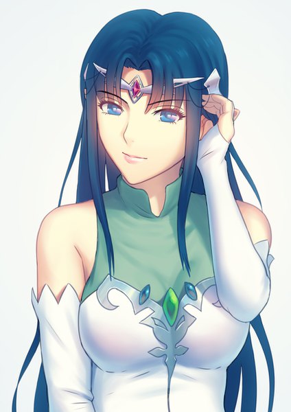 Anime picture 868x1228 with seikai no senki lafiel fateline alpha single long hair tall image looking at viewer fringe breasts blue eyes simple background white background bare shoulders payot blue hair upper body arm up light smile pointy ears lipstick