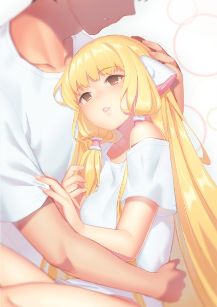 Anime picture 2067x2923 with chobits chii motosuwa hideki fiodo long hair tall image blush highres short hair blonde hair bare shoulders brown eyes head tilt off shoulder couple hug hand on another's head girl boy t-shirt