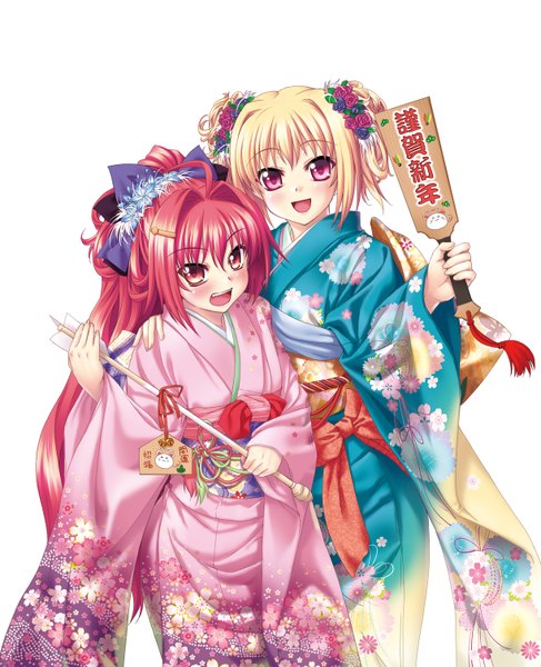 Anime picture 1224x1508 with shinkyoku soukai polyphonica corticarte apa lagranges kannatsuki noboru long hair tall image looking at viewer blush open mouth blonde hair simple background red eyes white background multiple girls red hair traditional clothes japanese clothes pink eyes hair flower girl hair ornament