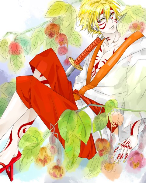 Anime picture 1133x1417 with samurai deeper kyo hotaru (samurai deeper kyo) tall image short hair blonde hair yellow eyes looking away nail polish traditional clothes japanese clothes looking back tattoo pale skin boy flower (flowers) weapon plant (plants) earrings sword katana