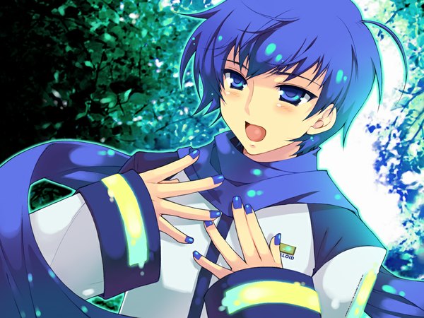 Anime picture 1024x768 with vocaloid kaito (vocaloid) single blush blue eyes blue hair boy scarf sokomushi