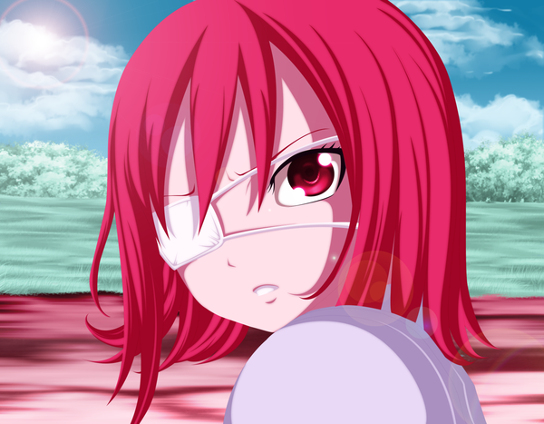 Anime picture 2000x1559 with fairy tail erza scarlet dartroberth single highres short hair pink hair sky cloud (clouds) pink eyes looking back sunlight coloring portrait girl plant (plants) tree (trees) eyepatch sun