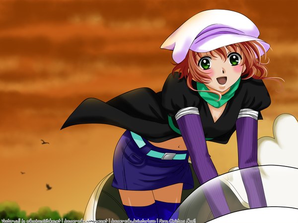 Anime picture 1600x1200 with tsubasa reservoir chronicle clamp sakura hime erikamirou single looking at viewer blush fringe short hair open mouth hair between eyes brown hair standing green eyes sky cloud (clouds) outdoors bare belly leaning leaning forward