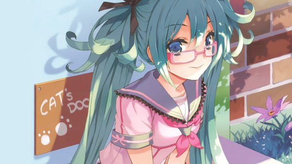 Anime picture 1920x1080 with vocaloid hatsune miku cuteg single long hair looking at viewer fringe highres blue eyes smile hair between eyes wide image twintails aqua hair cropped girl flower (flowers) glasses