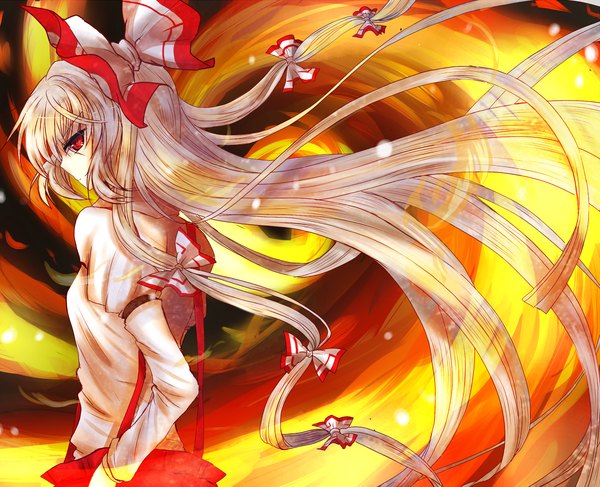 Anime picture 1431x1162 with touhou fujiwara no mokou pina710 single long hair red eyes white hair looking back girl bow hair bow fire