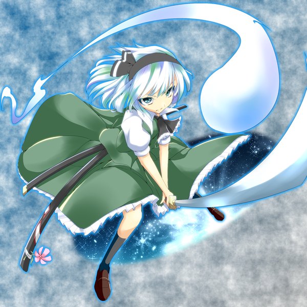 Anime picture 1500x1500 with touhou konpaku youmu jellylily (artist) single looking at viewer short hair blue eyes white hair ghost girl dress weapon sword hairband katana