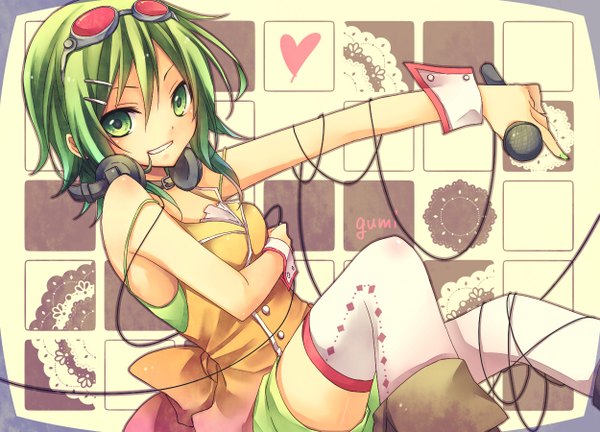 Anime picture 1250x900 with vocaloid gumi kuroi (liar-player) single looking at viewer short hair smile bare shoulders green eyes nail polish green hair goggles on head girl thighhighs hair ornament white thighhighs heart hairclip headphones microphone
