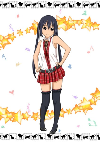Anime picture 1050x1485 with k-on! kyoto animation nakano azusa oku no shi single long hair tall image black hair red eyes twintails bare shoulders zettai ryouiki hands on hips girl thighhighs skirt black thighhighs belt star (symbol) cat