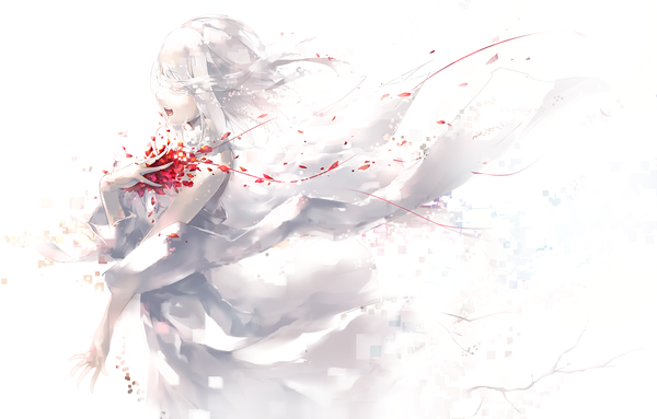 Anime picture 2191x1399 with original c.c.r single fringe highres short hair open mouth white background holding white hair tears crying white wings blindfold screaming dissolving digital dissolve girl dress flower (flowers)
