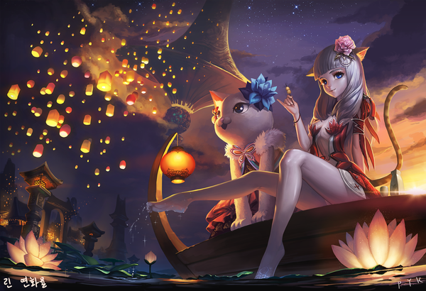 Anime picture 1920x1314 with blade & soul lyn (blade & soul) santafe99 single long hair looking at viewer fringe highres breasts blue eyes light erotic smile sitting holding signed animal ears looking away sky silver hair cloud (clouds)